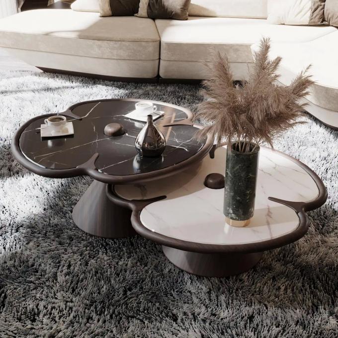 Wooden Round Marble Center Table For Living Room Clover Design 0