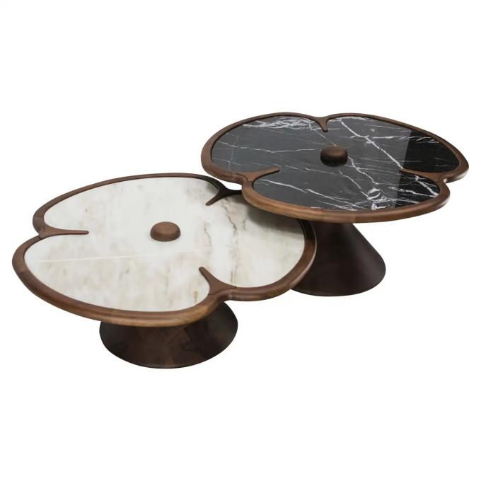 Wooden Round Marble Center Table For Living Room Clover Design 1