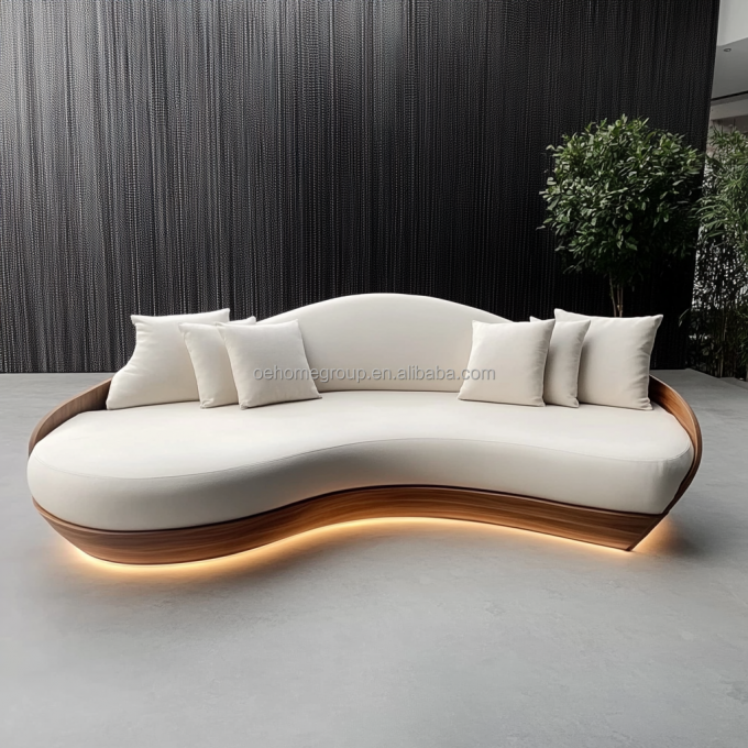 Tufted Back Style Double Seat Furniture White Love Seat Sofa With Wooden Moon Circle Fabric Cushion Hotel Must-Have 5