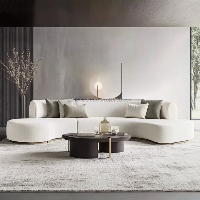 Tufted Back Style Double Seat Furniture White Love Seat Sofa With Wooden Moon Circle Fabric Cushion Hotel Must-Have 1