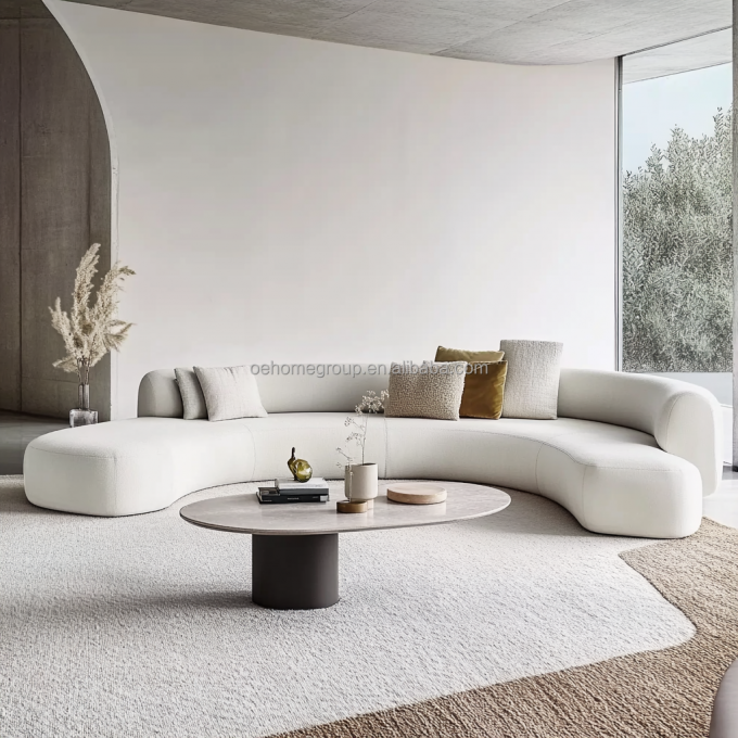 Tufted Back Style Double Seat Furniture White Love Seat Sofa With Wooden Moon Circle Fabric Cushion Hotel Must-Have 2
