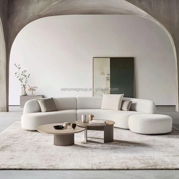 Tufted Back Style Double Seat Furniture White Love Seat Sofa With Wooden Moon Circle Fabric Cushion Hotel Must-Have 3
