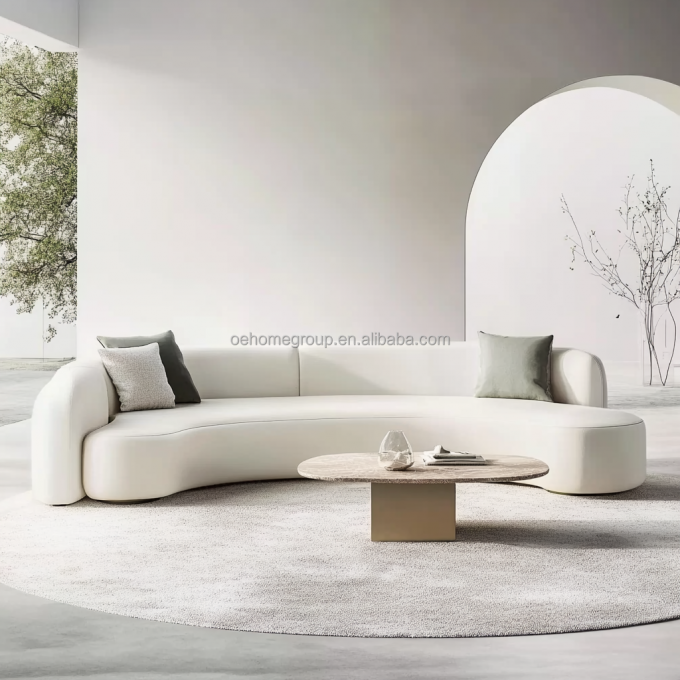 Tufted Back Style Double Seat Furniture White Love Seat Sofa With Wooden Moon Circle Fabric Cushion Hotel Must-Have 4