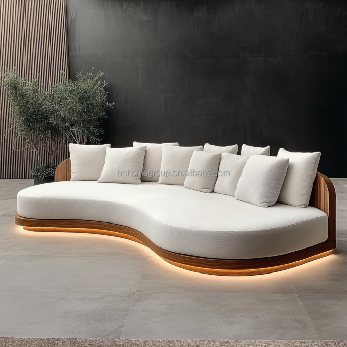 Tufted Back Style Double Seat Furniture White Love Seat Sofa With Wooden Moon Circle Fabric Cushion Hotel Must-Have 6
