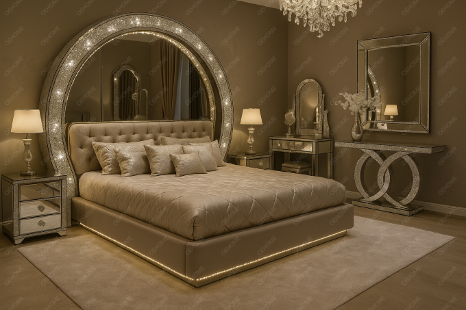Villa Luxury Bedroom Furniture Modern Diamond Mirrored Bed For Bedroom Or Hotel Improvement Option 7