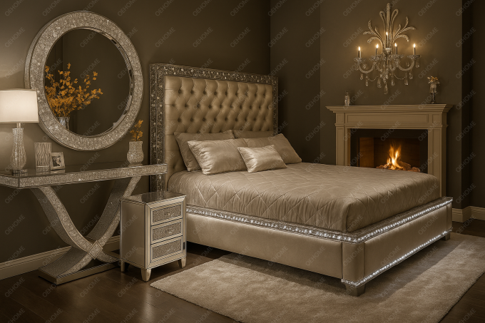 Villa Luxury Bedroom Furniture Modern Diamond Mirrored Bed For Bedroom Or Hotel Improvement Option 10