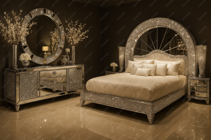 Villa Luxury Bedroom Furniture Modern Diamond Mirrored Bed For Bedroom Or Hotel Improvement Option 11