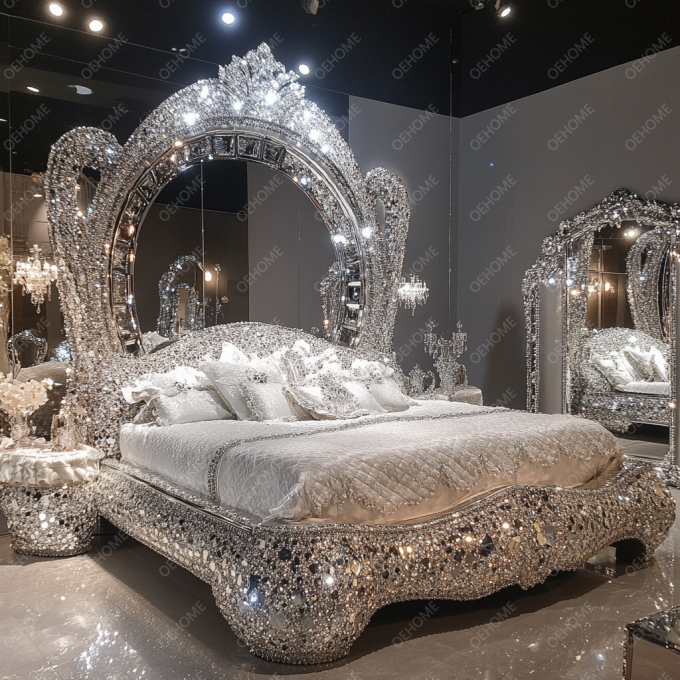 Latest Bedroom Furniture Designs Luxury Diamond Crystal King/Queen Size Mirrored Upholstered Bed For Hotels And Villas 3