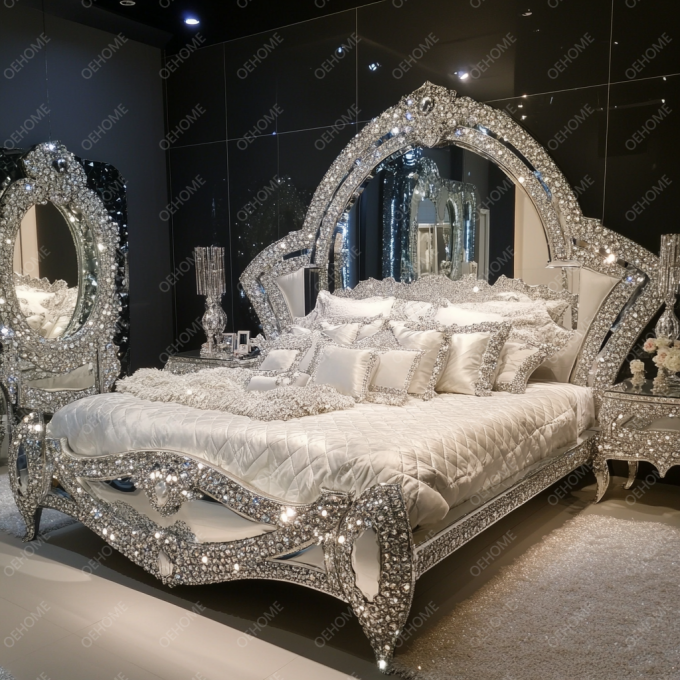 Latest Bedroom Furniture Designs Luxury Diamond Crystal King/Queen Size Mirrored Upholstered Bed For Hotels And Villas 4