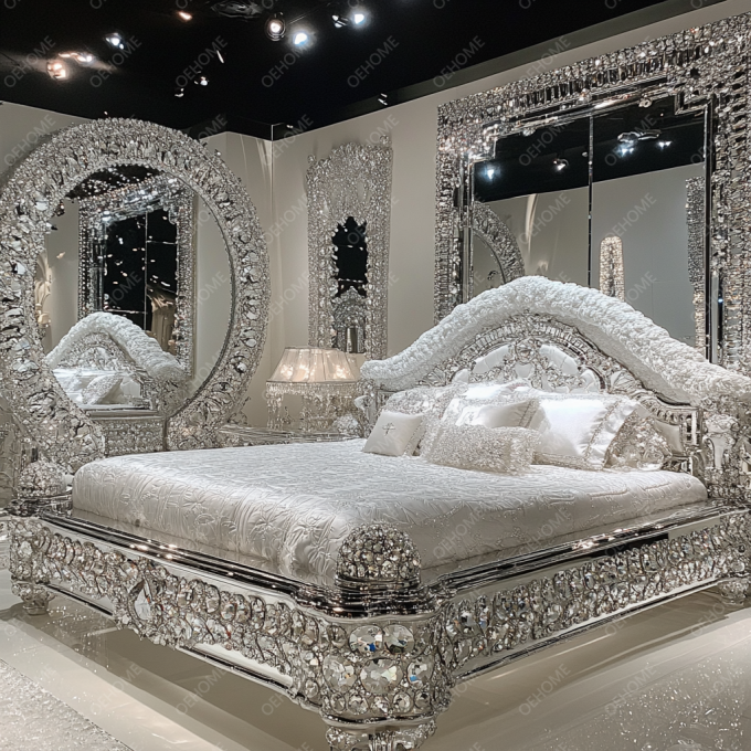 Latest Bedroom Furniture Designs Luxury Diamond Crystal King/Queen Size Mirrored Upholstered Bed For Hotels And Villas 5