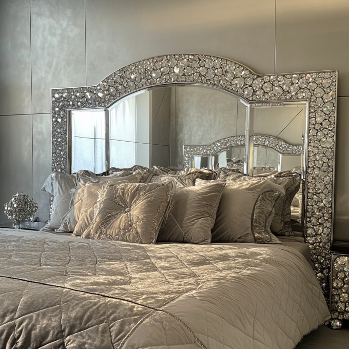 Latest Bedroom Furniture Designs Luxury Diamond Crystal King/Queen Size Mirrored Upholstered Bed For Hotels And Villas 6