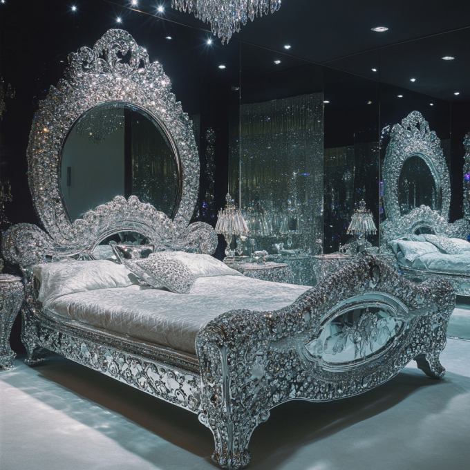 Latest Bedroom Furniture Designs Luxury Diamond Crystal King/Queen Size Mirrored Upholstered Bed For Hotels And Villas 7