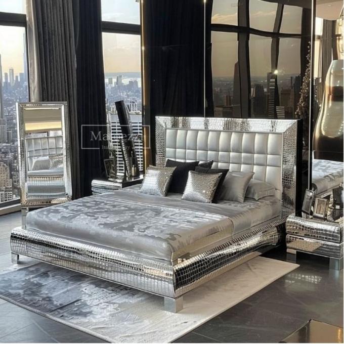 Upgrade Bedroom Modern Luxury Upholstery Tufted Headboard Queen King Double Silver Mirrored Bed Furniture Set 3