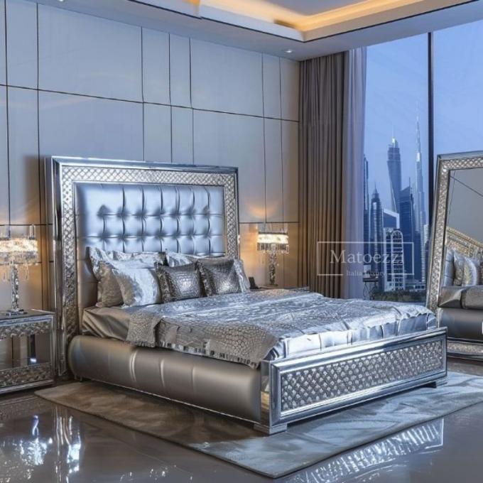 Upgrade Bedroom Modern Luxury Upholstery Tufted Headboard Queen King Double Silver Mirrored Bed Furniture Set 4