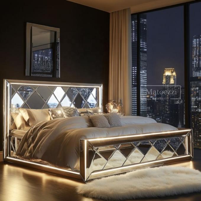 Upgrade Bedroom Modern Luxury Upholstery Tufted Headboard Queen King Double Silver Mirrored Bed Furniture Set 5