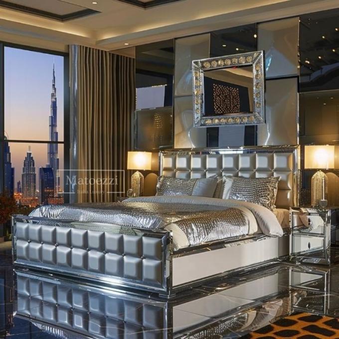 Upgrade Bedroom Modern Luxury Upholstery Tufted Headboard Queen King Double Silver Mirrored Bed Furniture Set 6