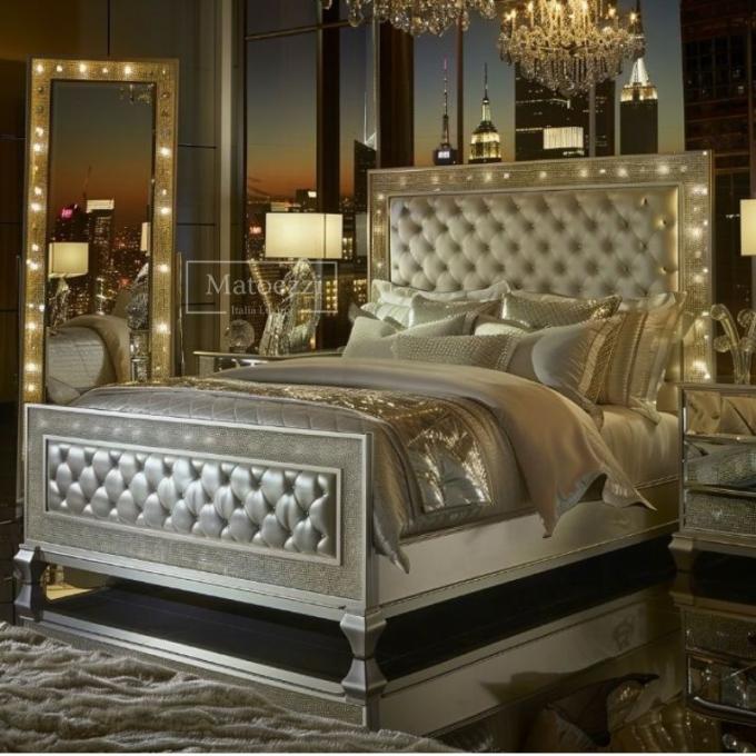 Upgrade Bedroom Modern Luxury Upholstery Tufted Headboard Queen King Double Silver Mirrored Bed Furniture Set 7