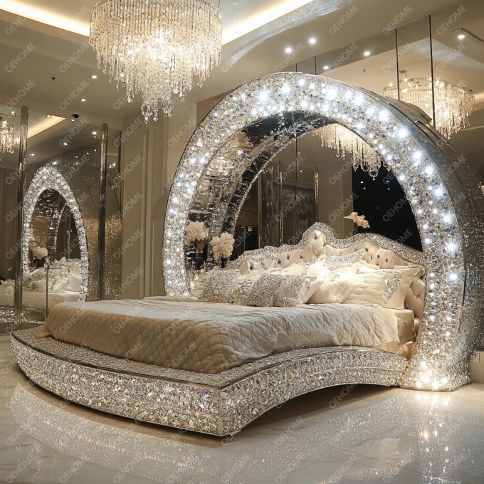 Eco-friendly Modern Luxury Diamond Crystal Bedroom Wooden Frame Bed Queen/King Size Designer Furniture For Home Or Hotel 3