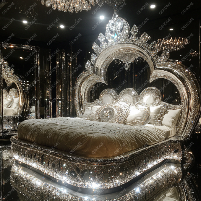 Eco-friendly Modern Luxury Diamond Crystal Bedroom Wooden Frame Bed Queen/King Size Designer Furniture For Home Or Hotel 6