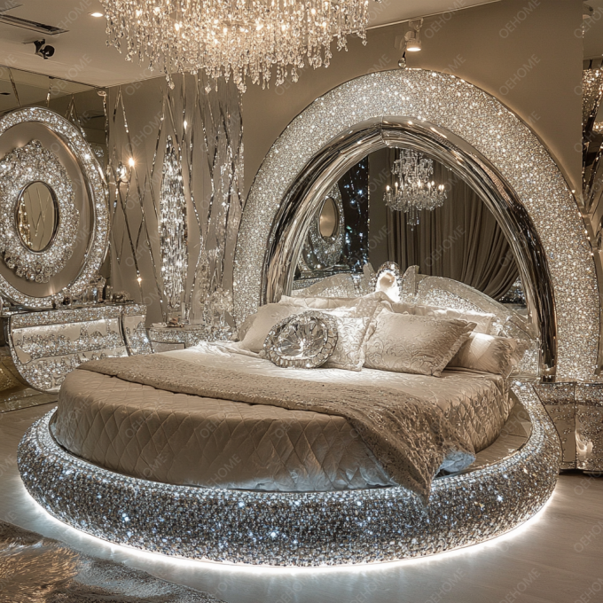 Home Furniture Set Adjustable Silver Frame Bedroom Mirrored Bed King Size Led Furniture Mirror For Apartment Bedroom 6
