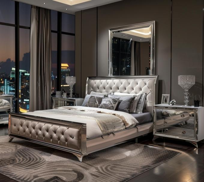 Bedroom Set Specific Mirrored Modern Style Queen Size Bed Furniture With Contemporary Design 4