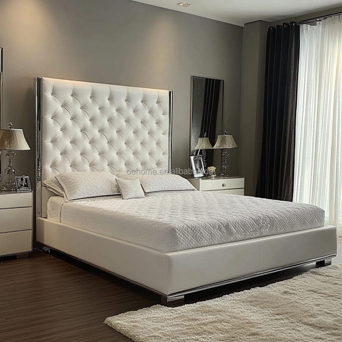 Grey Wooden Queen / King Size Double Bed Set With Mirrored Buttons Inspired By President And Modern Design 2