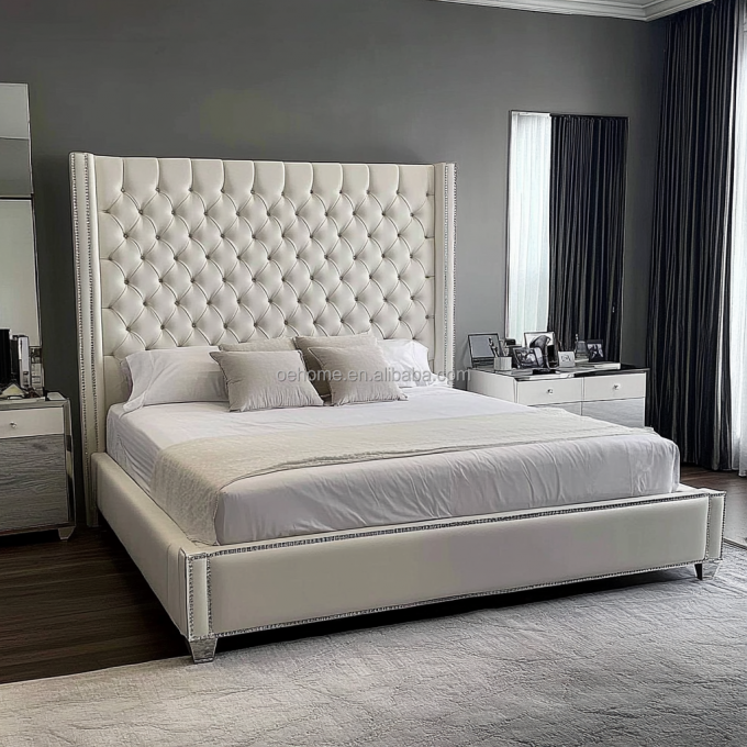Grey Wooden Queen / King Size Double Bed Set With Mirrored Buttons Inspired By President And Modern Design 3