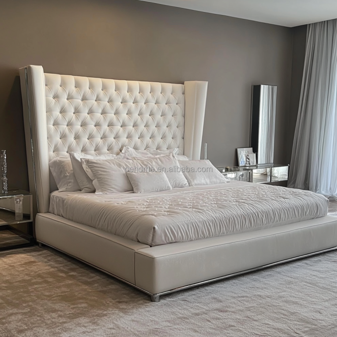 Grey Wooden Queen / King Size Double Bed Set With Mirrored Buttons Inspired By President And Modern Design 4