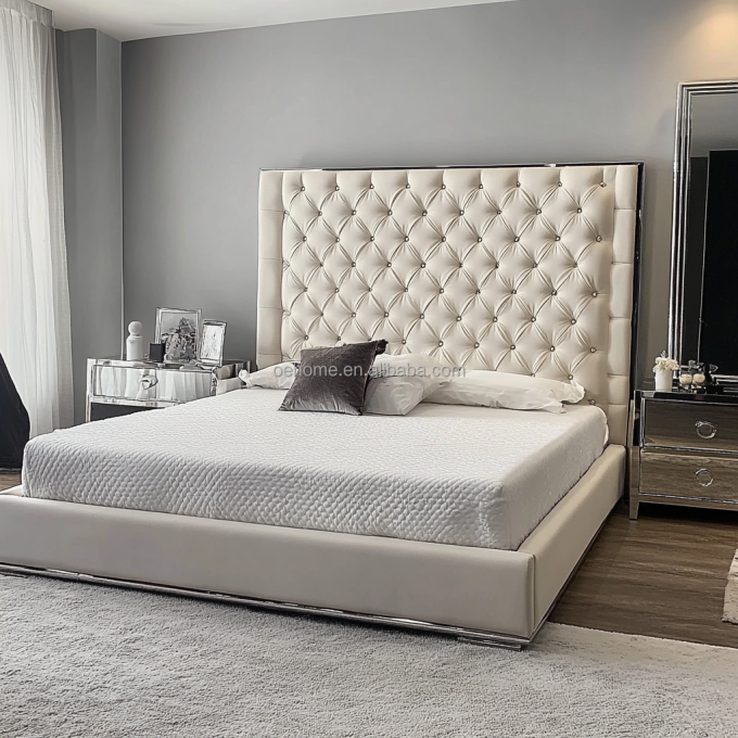 Grey Wooden Queen / King Size Double Bed Set With Mirrored Buttons Inspired By President And Modern Design 5