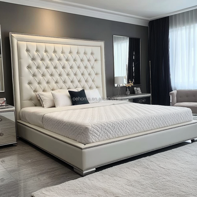 Grey Wooden Queen / King Size Double Bed Set With Mirrored Buttons Inspired By President And Modern Design 6