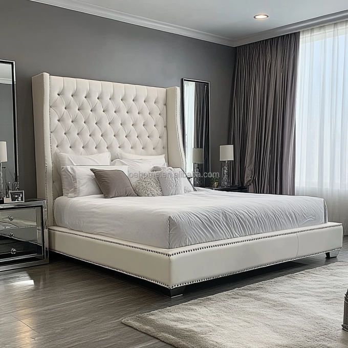 Grey Wooden Queen / King Size Double Bed Set With Mirrored Buttons Inspired By President And Modern Design 7
