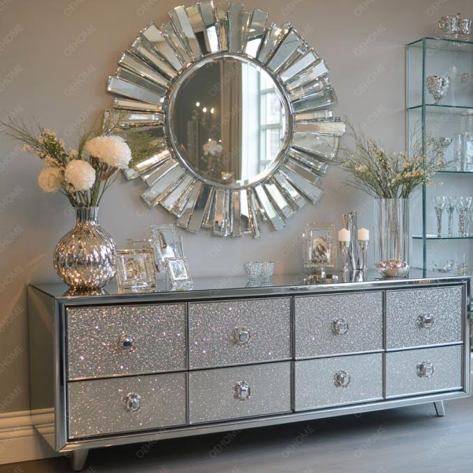 Functional TV Stand And Storage Function In Wood Panel For Modern Crystal Mirrored Silver Furniture In Living Room Bedroom 7