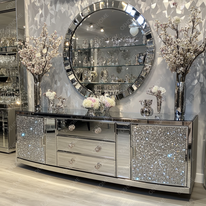 Livingroom TV Cabinet Modern Mirrored Silver Crystal Glass Furniture For Bedroom Hotel Apartment-Living Room 3