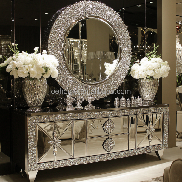 Livingroom TV Cabinet Modern Mirrored Silver Crystal Glass Furniture For Bedroom Hotel Apartment-Living Room 6
