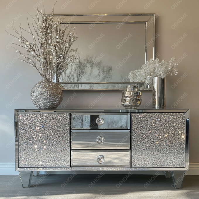 Livingroom TV Cabinet Modern Mirrored Silver Crystal Glass Furniture For Bedroom Hotel Apartment-Living Room 7