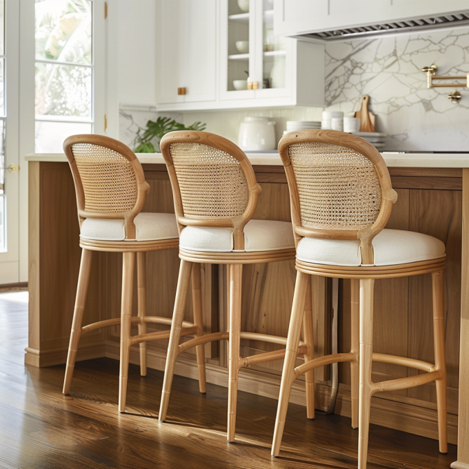 Commercial Furniture Indoor Woven Bar Stool With Wooden Legs And Rattan Backrest 3