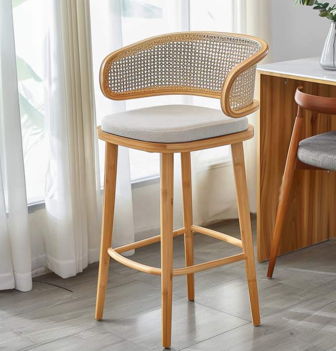Commercial Furniture Indoor Woven Bar Stool With Wooden Legs And Rattan Backrest 4