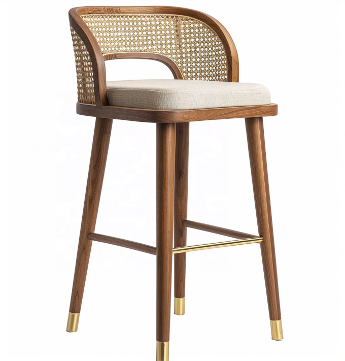 Commercial Furniture Indoor Woven Bar Stool With Wooden Legs And Rattan Backrest 5
