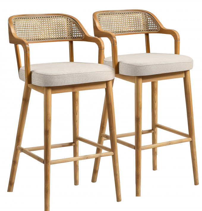 Commercial Furniture Indoor Woven Bar Stool With Wooden Legs And Rattan Backrest 6