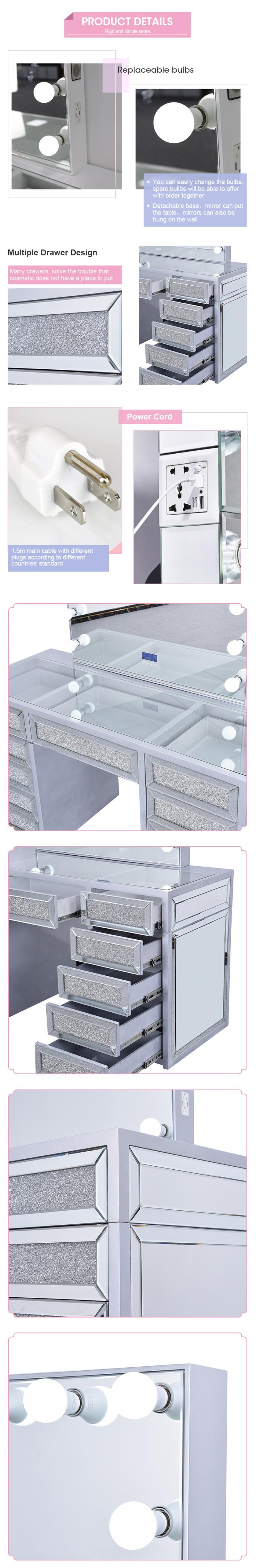 Modern Design Oak Makeup Table With Lighted Mirrored Dresser Vanity Desk And Storage 6
