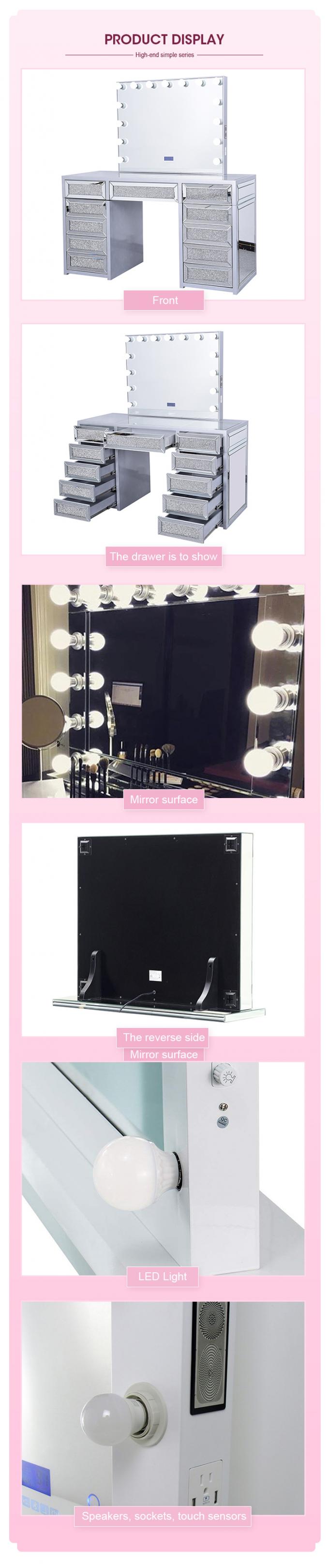 Modern Design Oak Makeup Table With Lighted Mirrored Dresser Vanity Desk And Storage 7