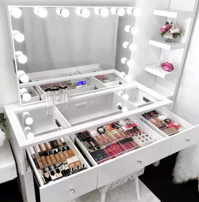 Modern Design Oak Makeup Table With Lighted Mirrored Dresser Vanity Desk And Storage 8