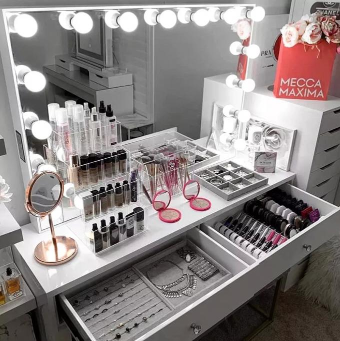 Modern Design Oak Makeup Table With Lighted Mirrored Dresser Vanity Desk And Storage 9