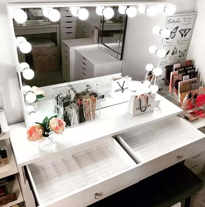 Modern Design Oak Makeup Table With Lighted Mirrored Dresser Vanity Desk And Storage 10
