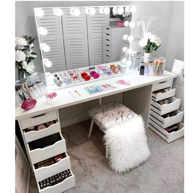 Modern Design Oak Makeup Table With Lighted Mirrored Dresser Vanity Desk And Storage 11