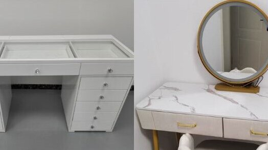 Bedroom Makeup Sets LED Lighted Mirror Vanity Table With Drawers And Storage Shelves Adjustable In Pink 17