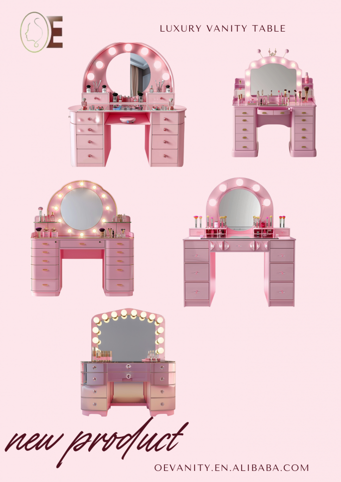 Bedroom Makeup Sets LED Lighted Mirror Vanity Table With Drawers And Storage Shelves Adjustable In Pink 1