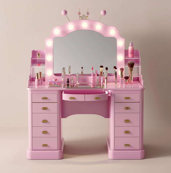 Bedroom Makeup Sets LED Lighted Mirror Vanity Table With Drawers And Storage Shelves Adjustable In Pink 7