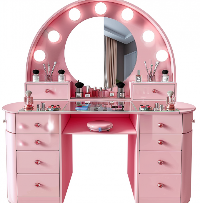 Bedroom Makeup Sets LED Lighted Mirror Vanity Table With Drawers And Storage Shelves Adjustable In Pink 8