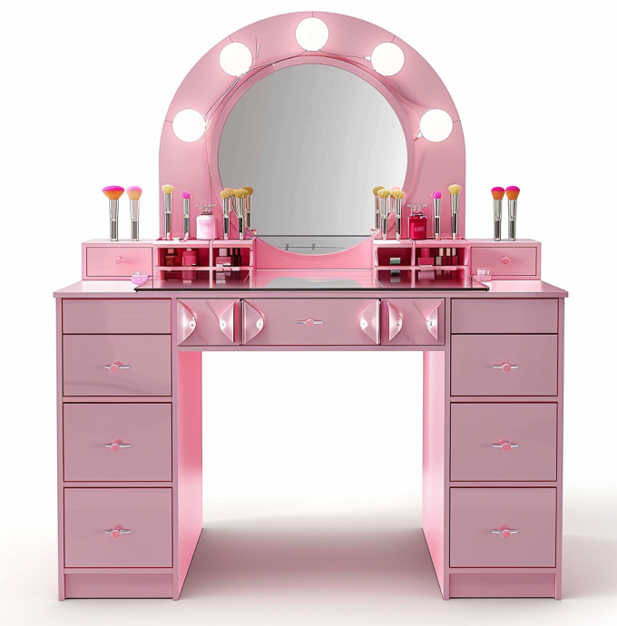 Bedroom Makeup Sets LED Lighted Mirror Vanity Table With Drawers And Storage Shelves Adjustable In Pink 9